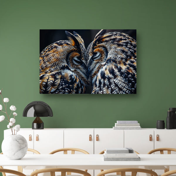 Twee uilen close-up in donkere omgeving canvas met baklijst