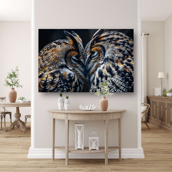 Twee uilen close-up in donkere omgeving acrylglas