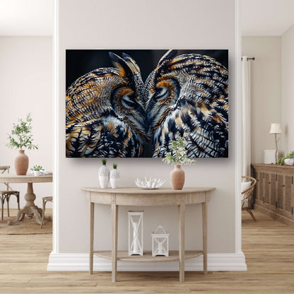 Twee uilen close-up in donkere omgeving canvas met baklijst