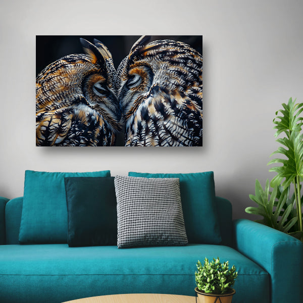 Twee uilen close-up in donkere omgeving canvas met baklijst