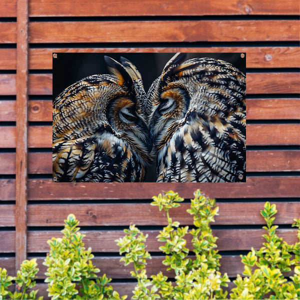 Twee uilen close-up in donkere omgeving tuinposter