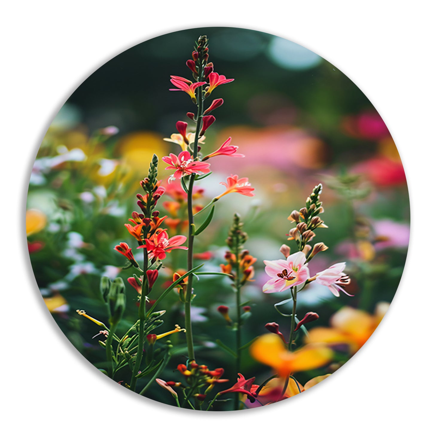 Kleurrijke Bloemenweide in Zomerlicht aluminium muurcirkel