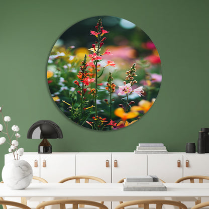 Kleurrijke Bloemenweide in Zomerlicht aluminium muurcirkel