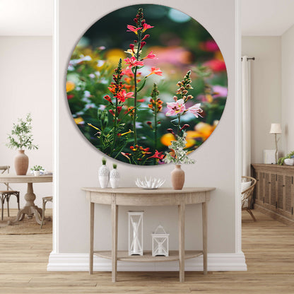 Kleurrijke Bloemenweide in Zomerlicht aluminium muurcirkel