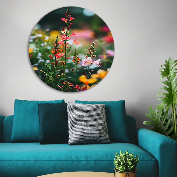 Kleurrijke Bloemenweide in Zomerlicht aluminium muurcirkel