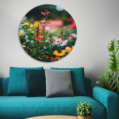 Kleurrijke Bloemenweide in Zomerlicht aluminium muurcirkel