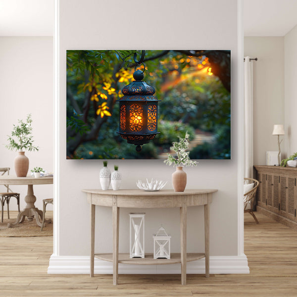 Boslantaarn in schemering canvas met baklijst