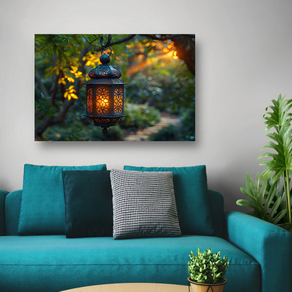 Boslantaarn in schemering canvas met baklijst