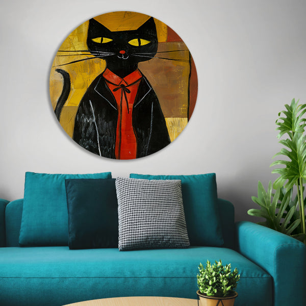Modern Kat in Pak met Strikje aluminium muurcirkel