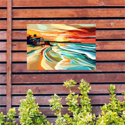 Impressionistisch strandhuis bij zonsondergang tuinposter