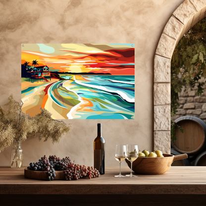 Impressionistisch strandhuis bij zonsondergang tuinposter