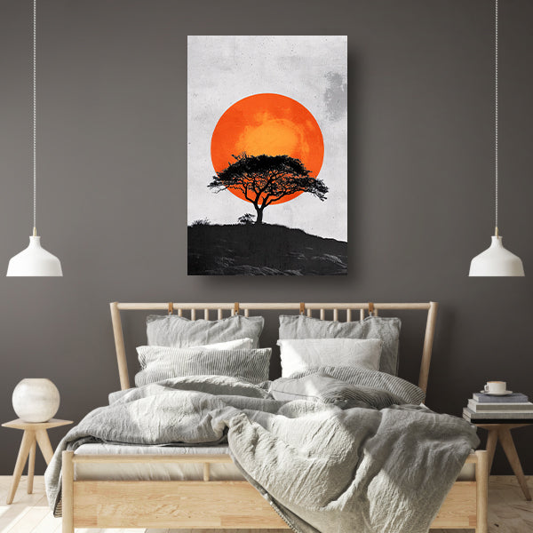 Minimalistische boom en zon in krachtige contrasten poster