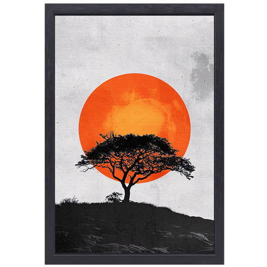 Minimalistische boom en zon in krachtige contrasten canvas met baklijst
