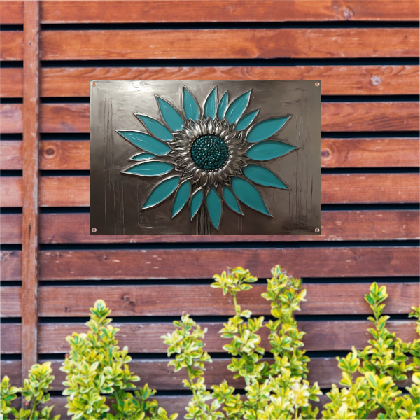 Turquoise en Zilveren Zonnebloem Kunstwerk tuinposter