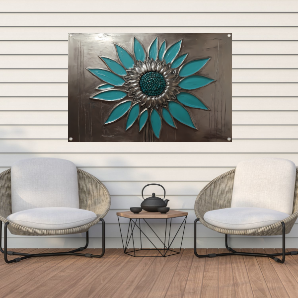 Turquoise en Zilveren Zonnebloem Kunstwerk tuinposter