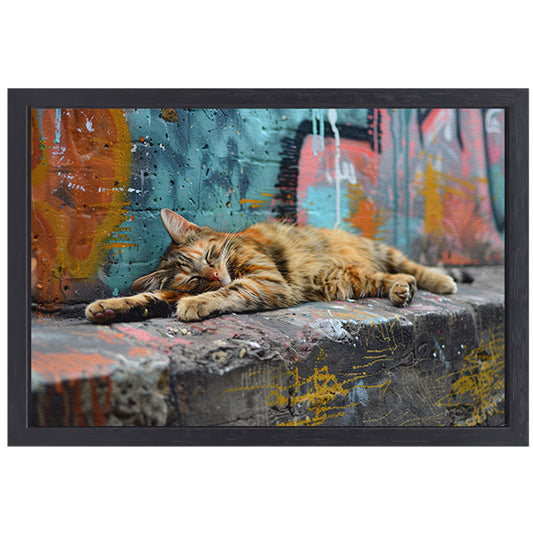 Slapende kat bij gekleurde muur canvas met baklijst