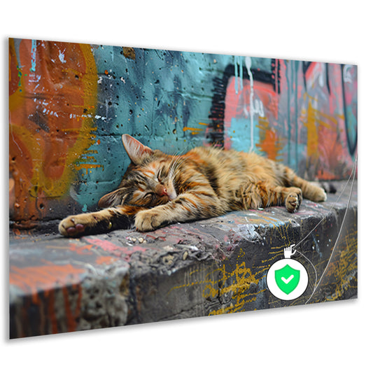 Slapende kat bij gekleurde muur poster