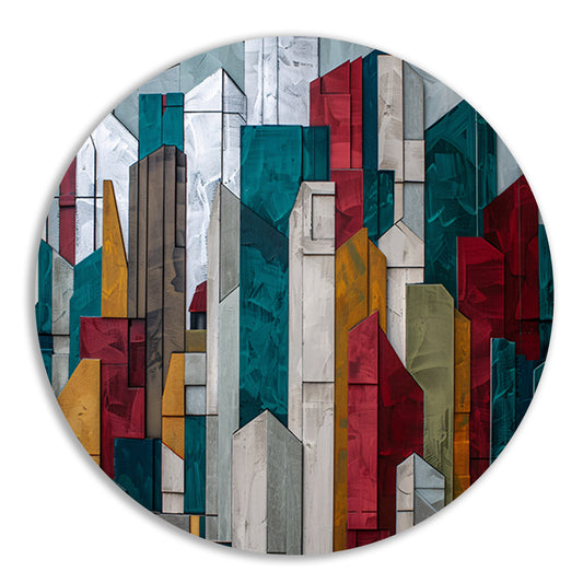 Abstracte kleurrijke skyline met geometrische vormen aluminium muurcirkel