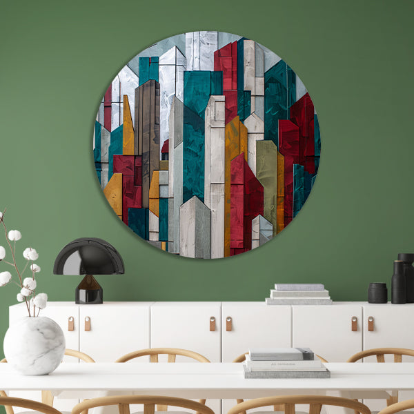 Abstracte kleurrijke skyline met geometrische vormen aluminium muurcirkel