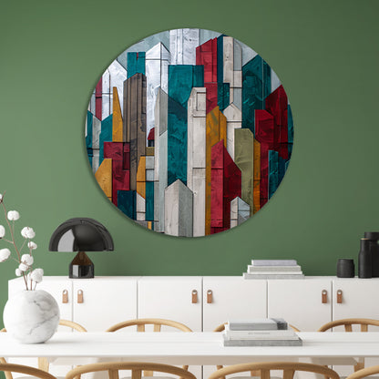 Abstracte kleurrijke skyline met geometrische vormen aluminium muurcirkel