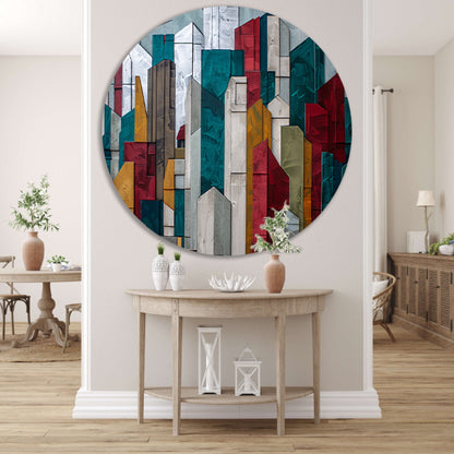 Abstracte kleurrijke skyline met geometrische vormen aluminium muurcirkel