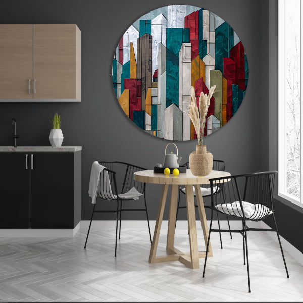 Abstracte kleurrijke skyline met geometrische vormen aluminium muurcirkel