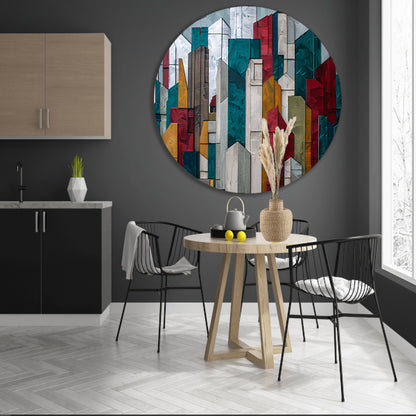Abstracte kleurrijke skyline met geometrische vormen aluminium muurcirkel