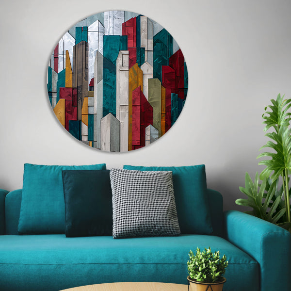 Abstracte kleurrijke skyline met geometrische vormen aluminium muurcirkel