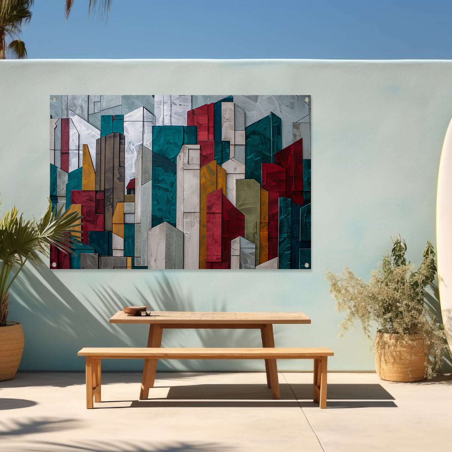 Abstracte kleurrijke skyline met geometrische vormen tuinposter