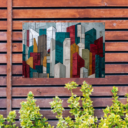 Abstracte kleurrijke skyline met geometrische vormen tuinposter