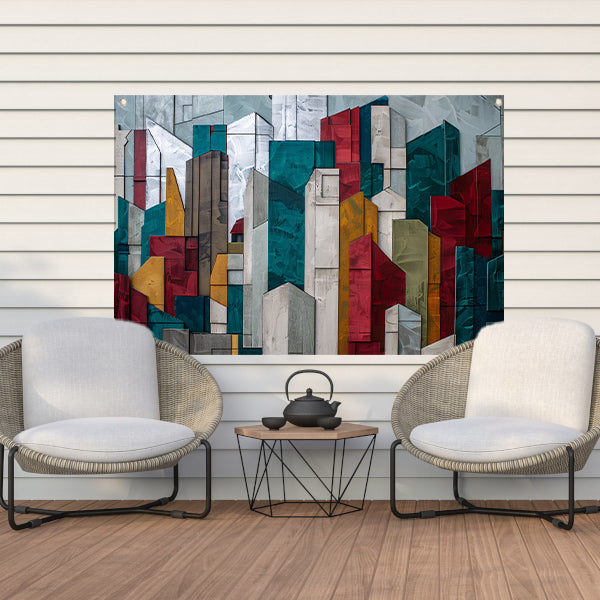 Abstracte kleurrijke skyline met geometrische vormen tuinposter