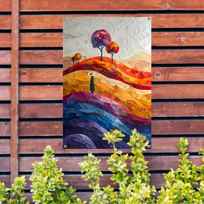 Eenzame figuur in herfstlandschap tuinposter