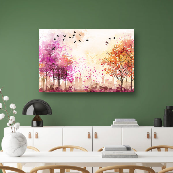 Kleurrijke skyline met herfstbomen en vogels acrylglas
