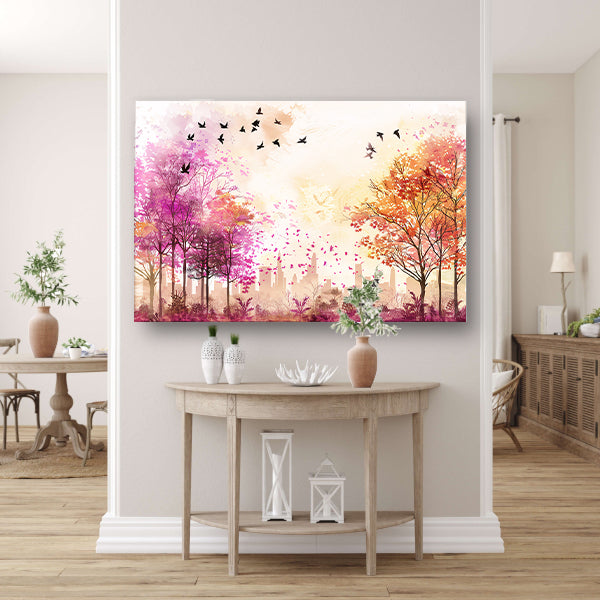 Kleurrijke skyline met herfstbomen en vogels acrylglas