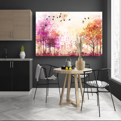 Kleurrijke skyline met herfstbomen en vogels acrylglas