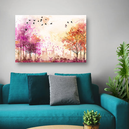 Kleurrijke skyline met herfstbomen en vogels canvas met baklijst