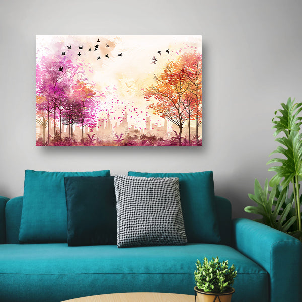 Kleurrijke skyline met herfstbomen en vogels acrylglas