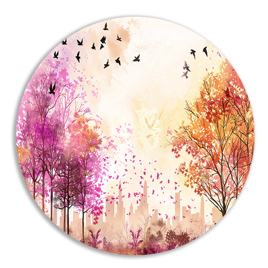 Kleurrijke skyline met herfstbomen en vogels forex muurcirkel
