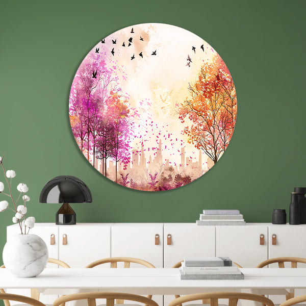 Kleurrijke skyline met herfstbomen en vogels aluminium muurcirkel