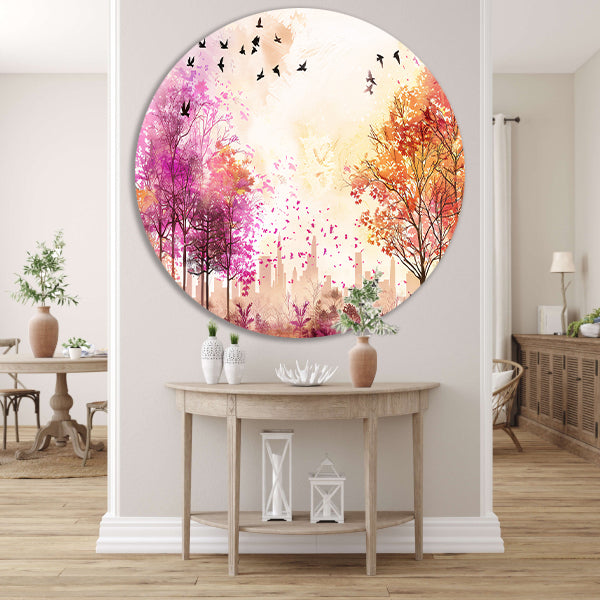 Kleurrijke skyline met herfstbomen en vogels aluminium muurcirkel