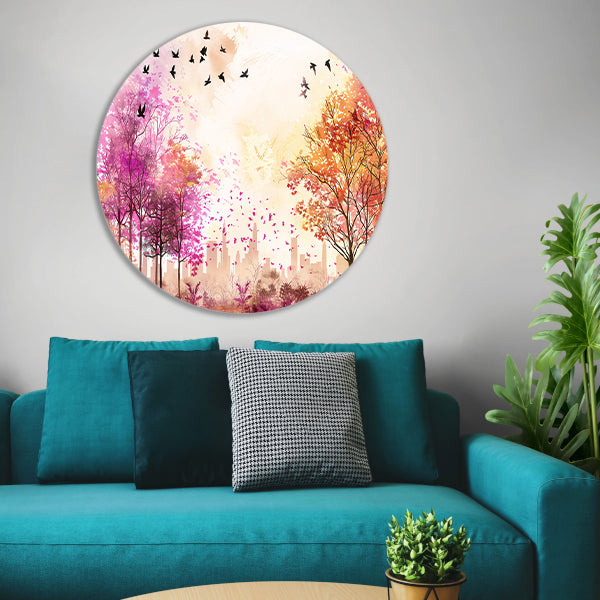 Kleurrijke skyline met herfstbomen en vogels aluminium muurcirkel