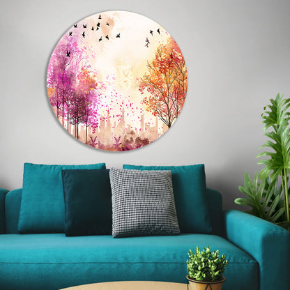 Kleurrijke skyline met herfstbomen en vogels aluminium muurcirkel
