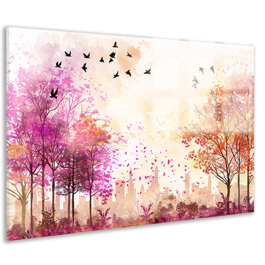 Kleurrijke skyline met herfstbomen en vogels acrylglas