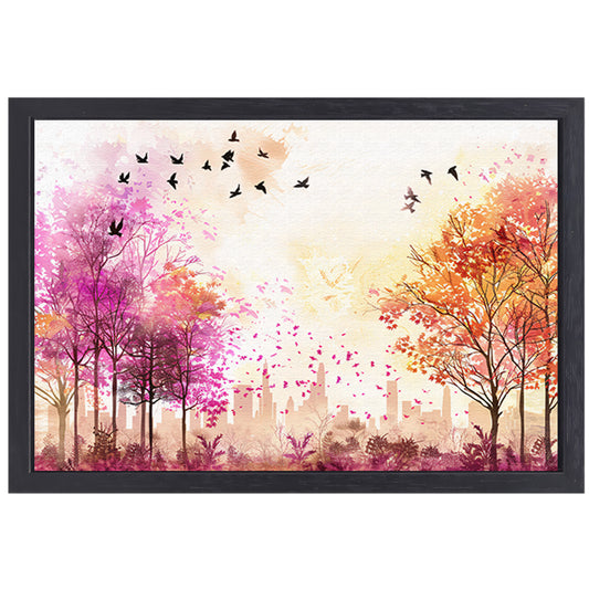 Kleurrijke skyline met herfstbomen en vogels canvas met baklijst