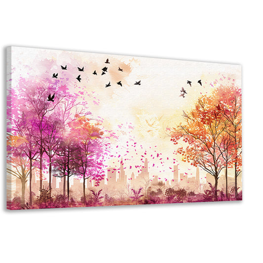 Kleurrijke skyline met herfstbomen en vogels canvas