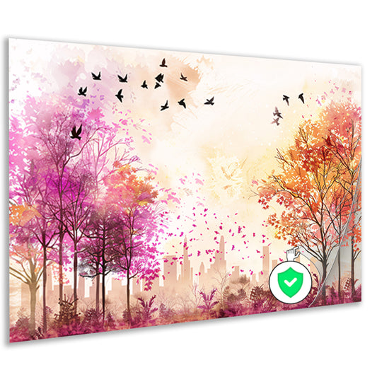 Kleurrijke skyline met herfstbomen en vogelsposter