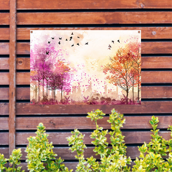 Kleurrijke skyline met herfstbomen en vogels tuinposter