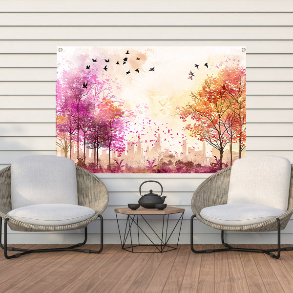 Kleurrijke skyline met herfstbomen en vogels tuinposter