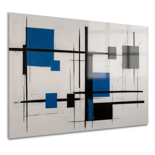 Abstracte Compositie in Zwart, Wit en Blauw acrylglas
