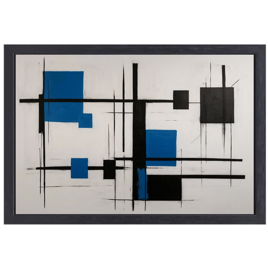 Abstracte Compositie in Zwart, Wit en Blauw canvas met baklijst